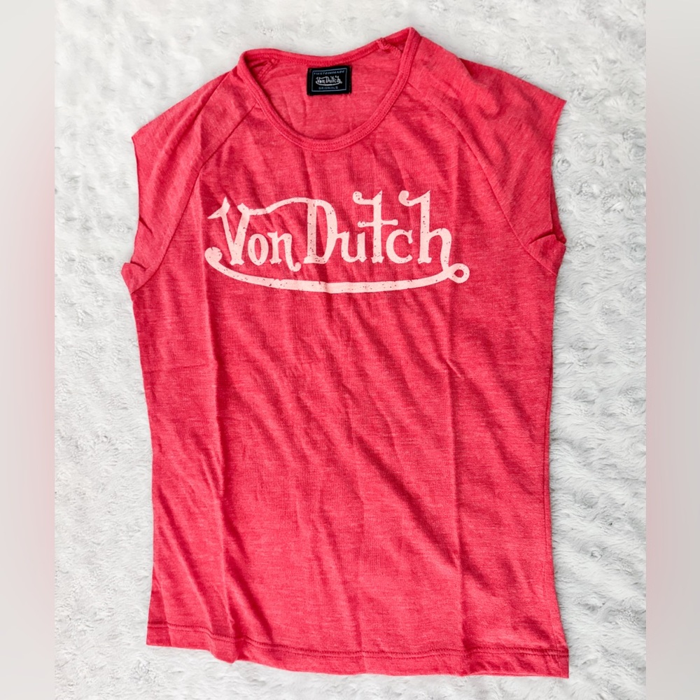 NWOT- VON DUTCH Tomato & Peach Pre Shrunk-in y2k Babydoll Raglan Tee